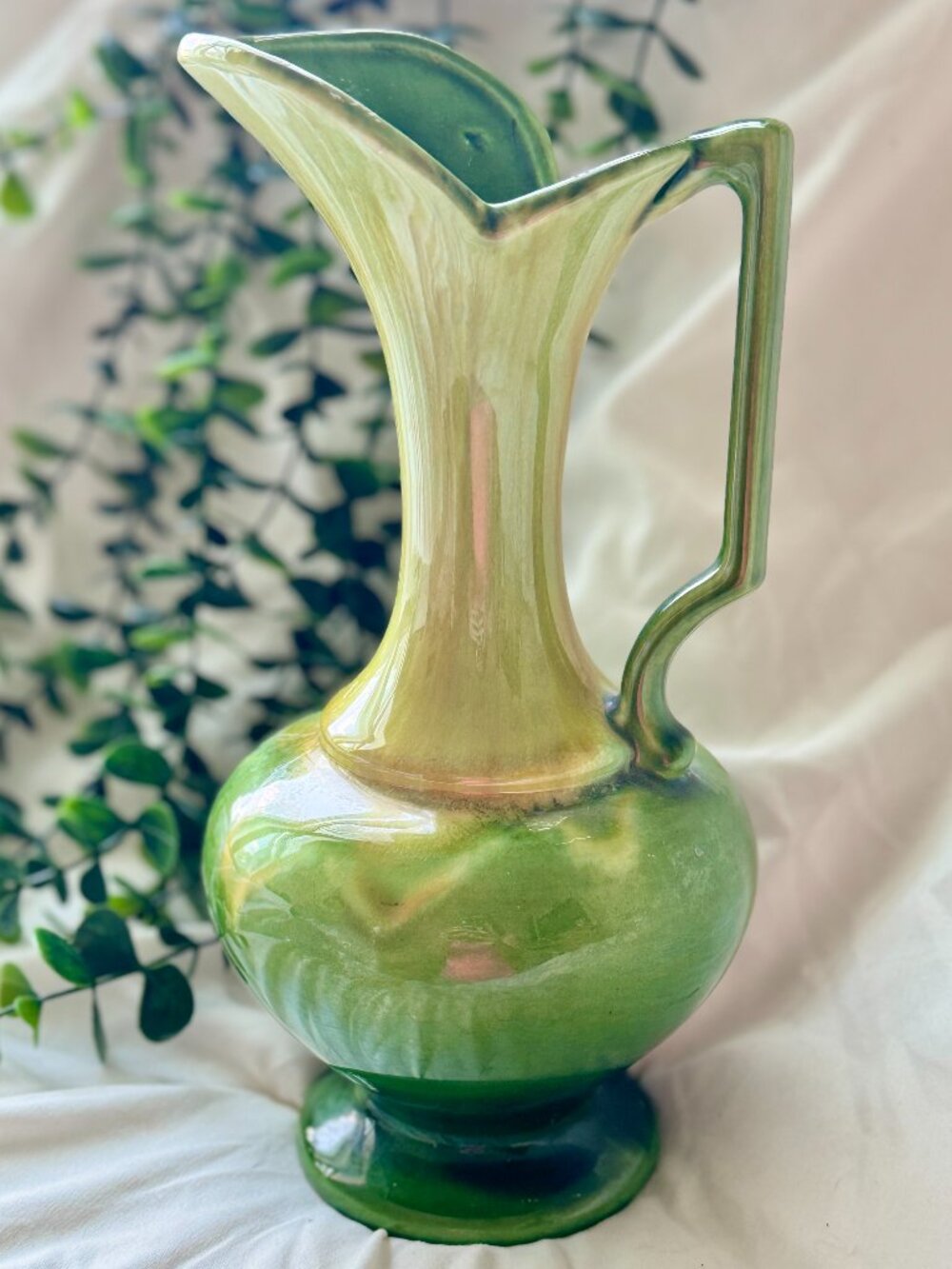 Vintage Haeger USA Green Drip Glaze Ceramic Pitcher Vase MCM 10"